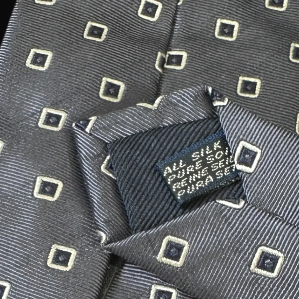 Corneliani Italy Silk Tie Grey Blue Geometric Square Hand Stitched Men Necktie